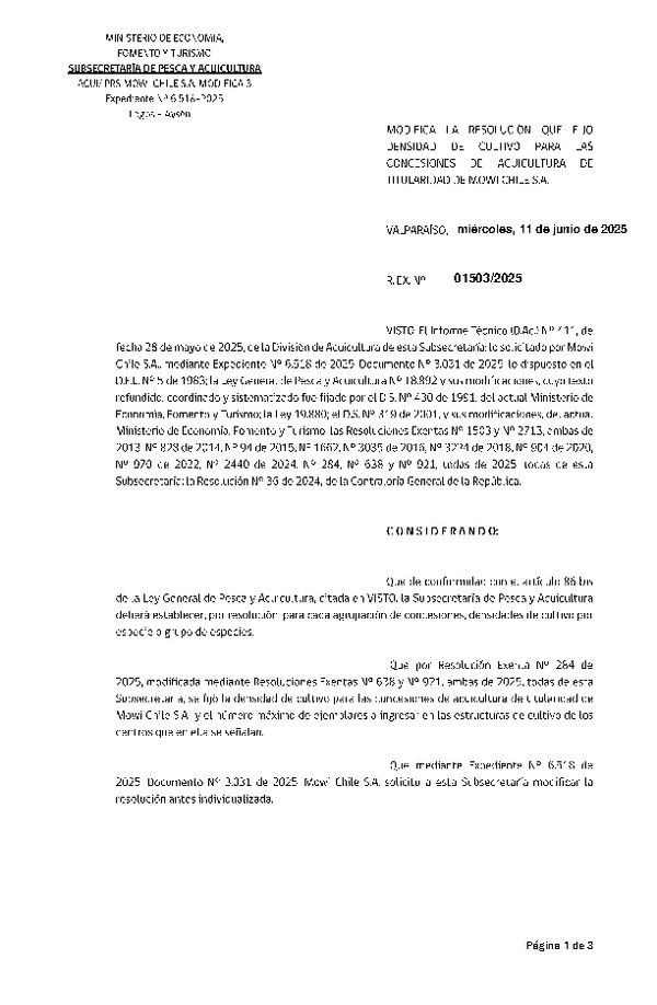 Res. Ex. N° 1503-2025 Modifica Res. Ex. N° 284-2025 Fija densidad de cultivo para las concesiones de acuicultura de titularidad de Mowi Chile S.A. Aprueba programa de manejo que indica. (Con Informe Técnico) (Publicado en Página Web 11-06-2025)