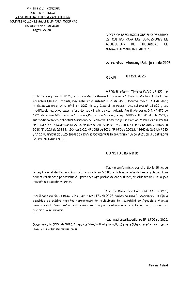 Res. Ex. Nº 1521-2025 Modifica Res. Ex. N° 225-2025 Fija densidad de cultivo para las concesiones de acuicultura de titularidad de Aquachile Maullín Limitada. (Con Informe Técnico) (Publicado en Página Web 13-06-2025)