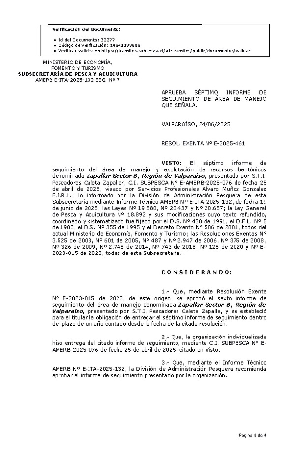 RESOL. EXENTA Nº E-2025-461 Aprueba séptimo informe de seguimiento. (Publicado en Página Web 26-06-2025)