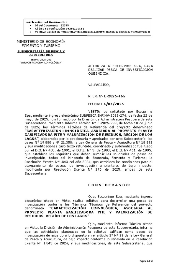 R. EX. Nº E-2025-465 AUTORIZA A ECCORPIME SPA, PARA REALIZAR PESCA DE INVESTIGACIÓN QUE INDICA. (Publicado en Página Web 04-07-2025)