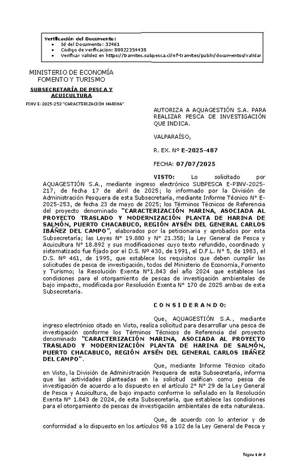 R. EX. Nº E-2025-487 AUTORIZA A AQUAGESTIÓN S.A. PARA REALIZAR PESCA DE INVESTIGACIÓN QUE INDICA. (Publicado en Página Web 08-07-2025)
