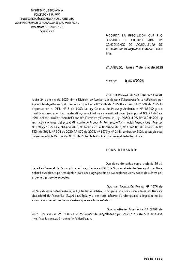Res. Ex. N° 1676-2025 Modifica Res. Ex. N° 1676-2024 Fija densidad de cultivo para las concesiones de acuicultura de titularidad de Aquachile Magallanes SpA. Aprueba programa de manejo que indica. (Con Informe Técnico) (Publicado en Página Web 08-07-2025)