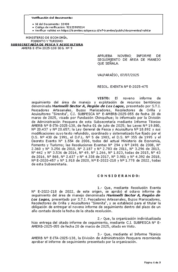RESOL. EXENTA Nº E-2025-475 Aprueba noveno informe de seguimiento. (Publicado en Página Web 09-07-2025)