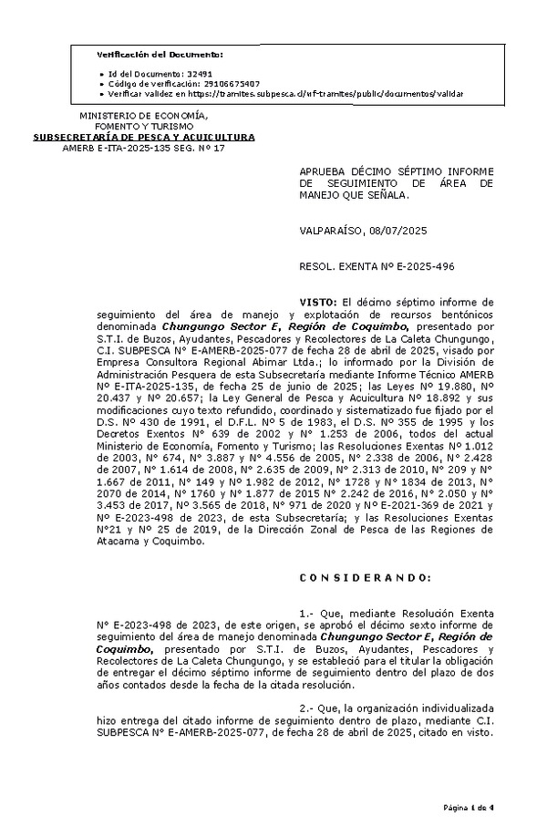 RESOL. EXENTA Nº E-2025-496 Aprueba décimo séptimo informe de seguimiento. (Publicado en Página Web 09-07-2025)
