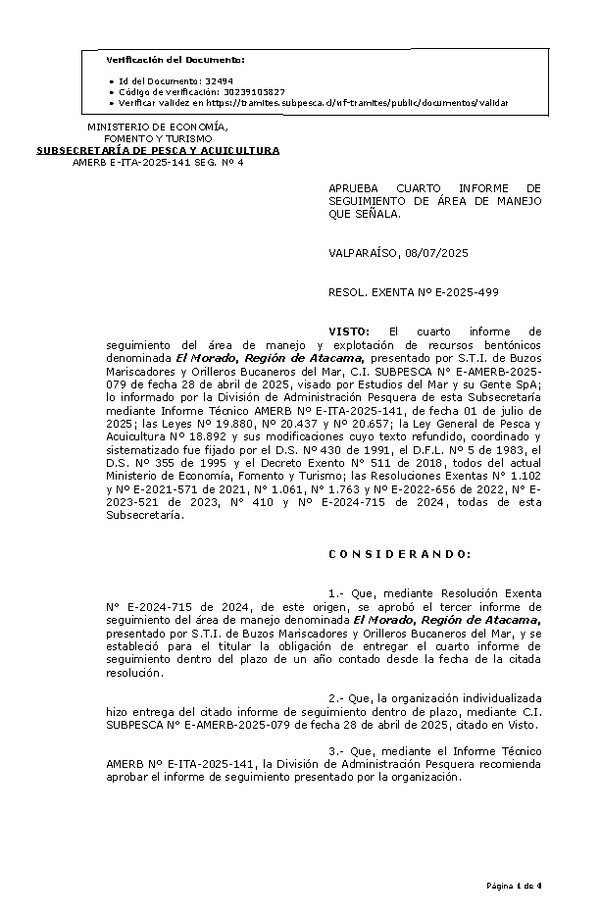 RESOL. EXENTA Nº E-2025-499 Aprueba cuarto informe de seguimiento. (Publicado en Página Web 09-07-2025)