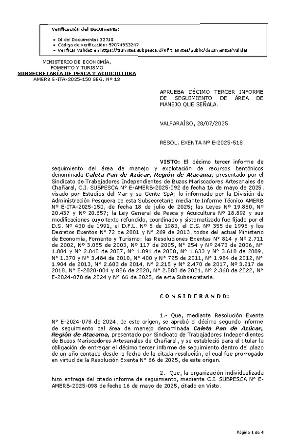 RESOL. EXENTA Nº E-2025-518 Aprueba décimo tercer informe de seguimiento. (Publicado en Página Web 28-07-2025)