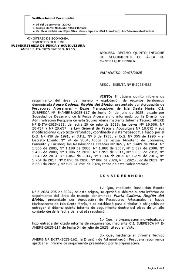 RESOL. EXENTA Nº E-2025-532 Aprueba décimo quinto informe de seguimiento. (Publicado en Página Web 31-07-2025)
