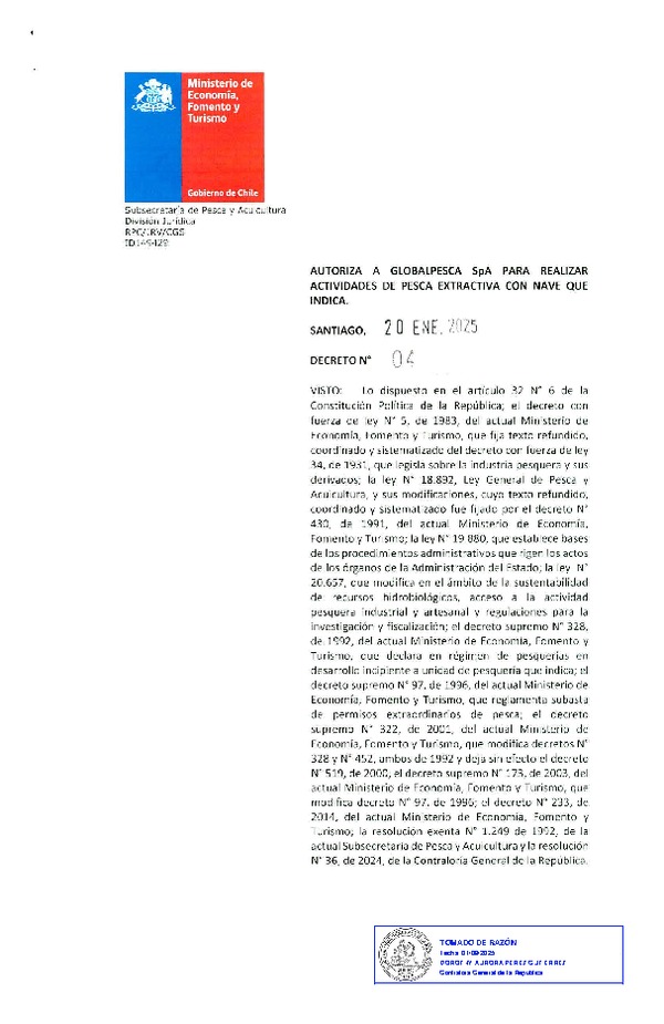 D.S. Nº 04-2025 Autoriza a Globalpesca SpA. para realizar Actividades de Pesca Extractiva con nave que indica. (Publicado en Página Web 04-08-2025)