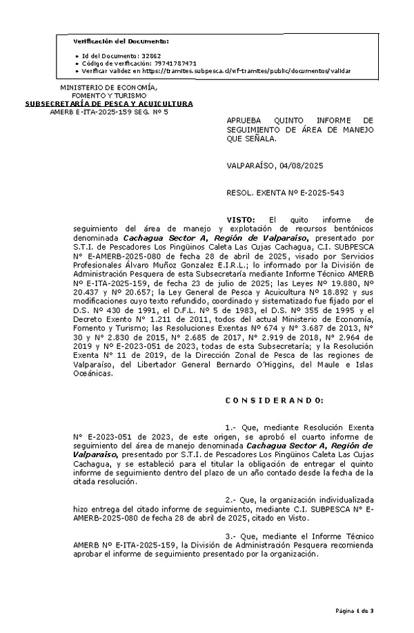 RESOL. EXENTA Nº E-2025-543 Aprueba 5° Seguimiento. (Publicado en Página Web 04-08-2025)