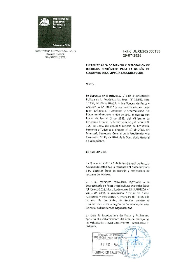 Dec. Ex. N° Folio 202500133 Establece Área de Manejo y Explotación de Recursos Bentónicos Para la Región de Coquimbo Denominada Lagunillas Sur. (Publicado en Página Web 12-08-2025)