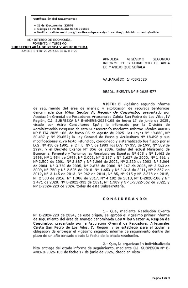 RESOL. EXENTA Nº E-2025-577 Aprueba vigésimo segundo informe de seguimiento. (Publicado en Página Web 18-08-2025)