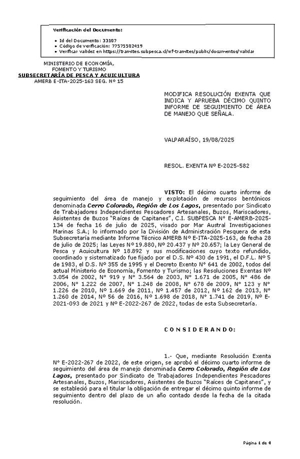 RESOL. EXENTA Nº E-2025-582 Modifica resolución que indica, aprueba décimo quinto informe de seguimiento. (Publicado en Página Web 19-08-2025)