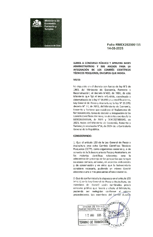 Res.Min.Ex. Folio RMEX202500155 Llama a Concurso y Aprueba Bases Administrativas y sus Anexos Para la Integración de los Comités Científicos Técnicos Pesqueros, en Cupos que Indica. (Publicado en Página Web 22-08-2025)(F.D.O. 22-08-2025)