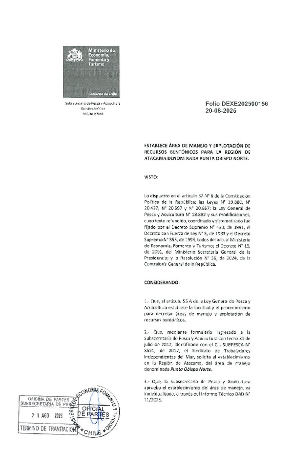 Dec. Ex. N° Folio 202500156 Establece Área de Manejo y Explotación de Recursos Bentónicos Para la Región de Atacama Denominada Punta Obispo Norte. (Publicado en Página Web 26-08-2025)