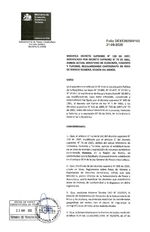 Dec. Ex. N° Folio 202500165 Modifica Decreto Supremo N° 729-1997, Regularizando Cartografía en Área de Manejo y Explotación de Recursos Bentónicos Rumena, Región del Biobío. (Publicado en Página Web 27-08-2025)
