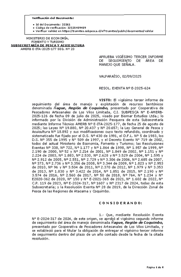RESOL. EXENTA Nº E-2025-624 Aprueba vigésimo tercer informe de seguimiento. (Publicado en Página Web 03-09-2025)