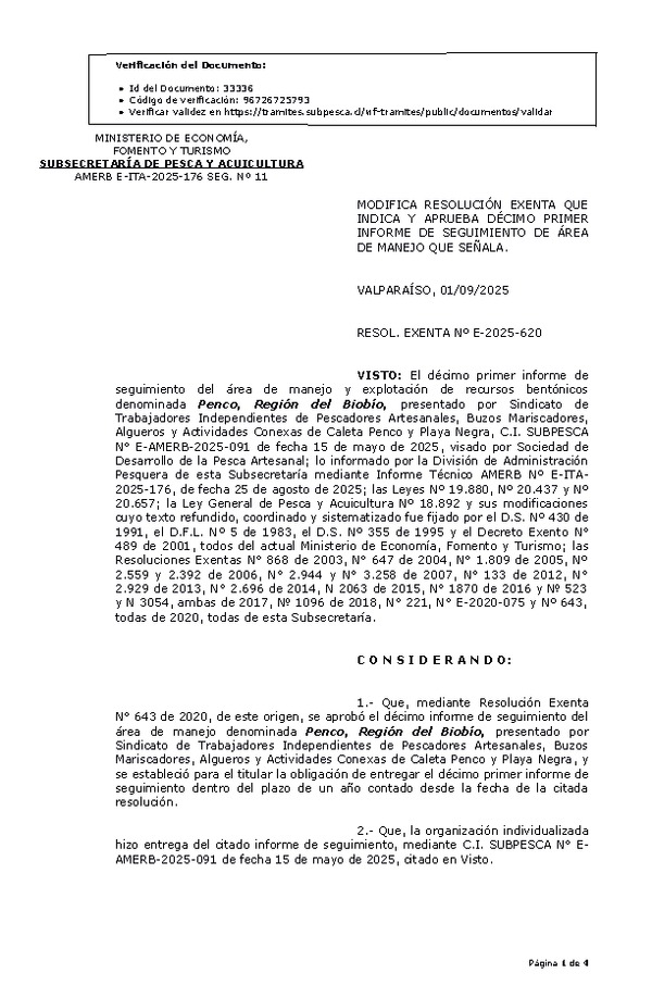 RESOL. EXENTA Nº E-2025-620 Modifica resolución que indica, Aprueba décimo primer informe de seguimiento. (Publicado en Página Web 03-09-2025)
