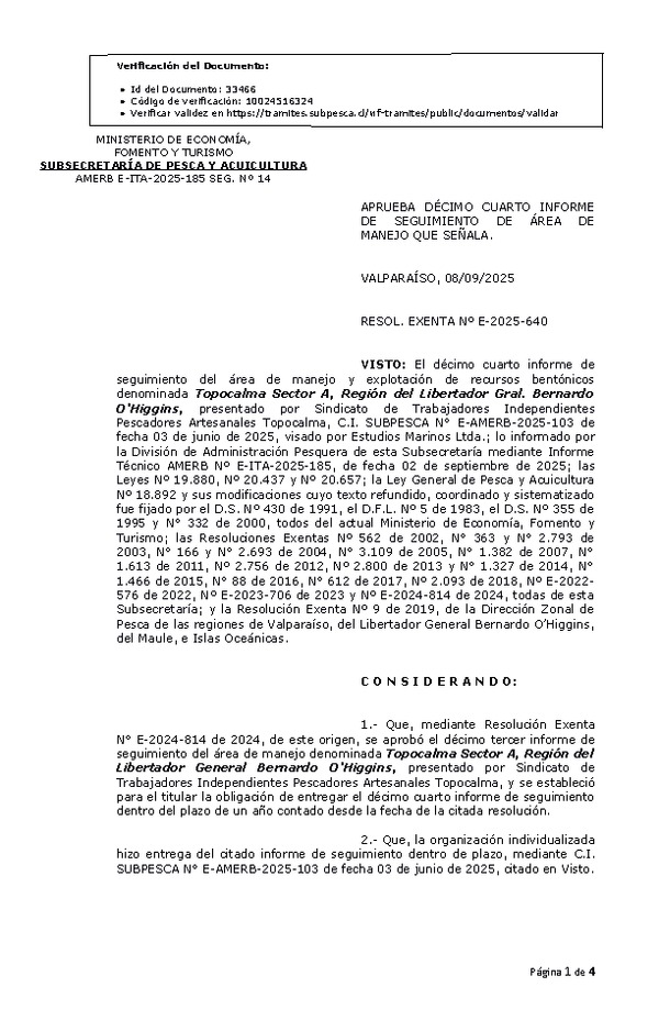 RESOL. EXENTA Nº E-2025-640 Aprueba décimo cuarto informe de seguimiento. (Publicado en Página Web 09-09-2025)