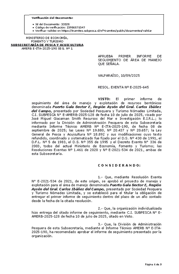 RESOL. EXENTA Nº E-2025-645 Aprueba primer informe de seguimiento. (Publicado en Página Web 11-09-2025)