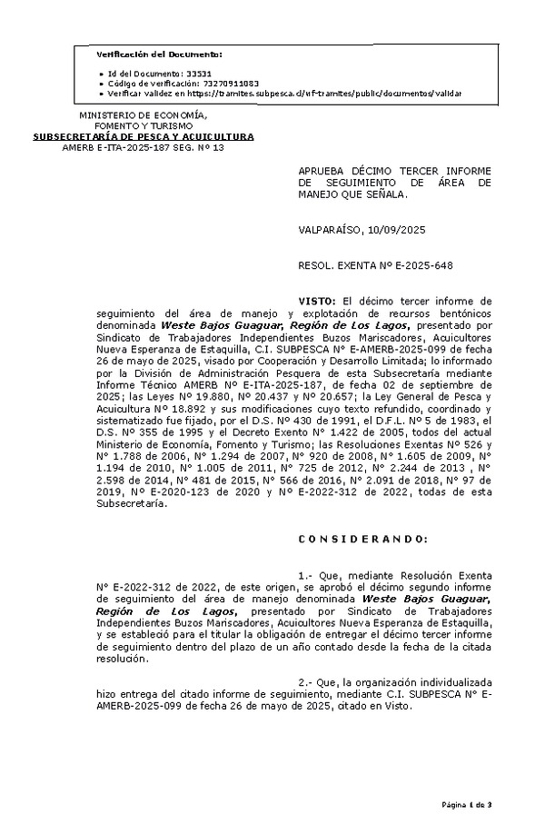RESOL. EXENTA Nº E-2025-648 Aprueba décimo tercer informe de seguimiento. (Publicado en Página Web 11-09-2025)