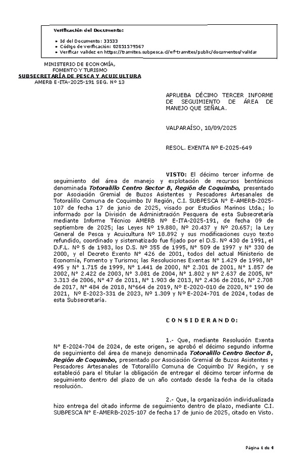 RESOL. EXENTA Nº E-2025-649 Aprueba décimo tercer informe de seguimiento. (Publicado en Página Web 11-09-2025)