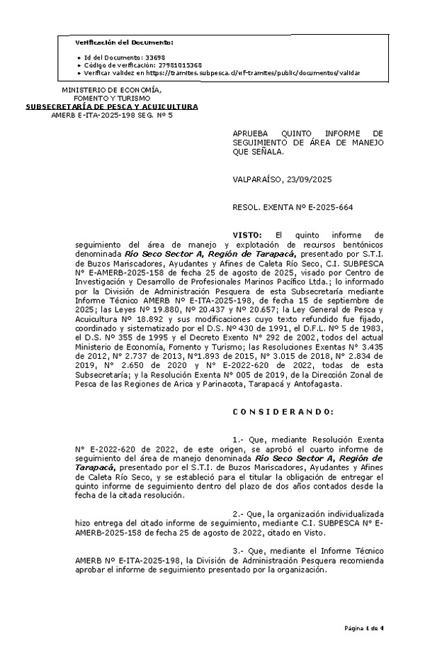 RESOL. EXENTA Nº E-2025-664 Aprueba quinto informe de seguimiento. (Publicado en Página Web 23-09-2025)