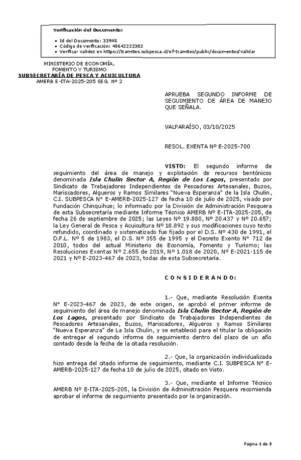 RESOL. EXENTA Nº E-2025-700 Aprueba segundo informe de seguimiento. (Publicado en Página Web 07-10-2025)