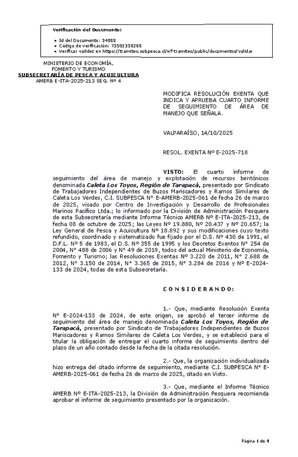 RES. EX. Nº E-2025-718 Modifica Resolución que indica y Aprueba cuarto informe de seguimiento. (Publicado en Página Web 14-10-2025)