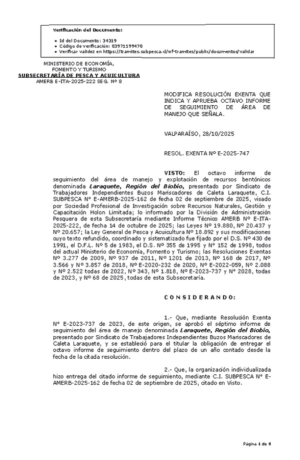 RESOL. EXENTA Nº E-2025-747 Modifica resolución que indica, aprueba octavo informe de seguimiento. (Publicado en Página Web 28-10-2025)