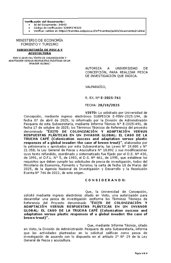 R. EX. Nº E-2025-761 AUTORIZA A UNIVERSIDAD DE CONCEPCIÓN, PARA REALIZAR PESCA DE INVESTIGACIÓN QUE INDICA. (Publicado en Página Web 29-10-2025)
