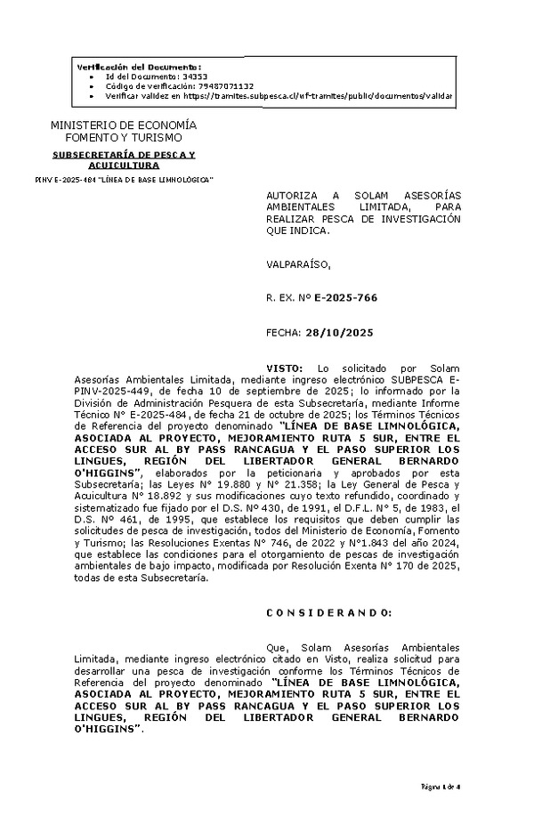 R. EX. Nº E-2025-766 AUTORIZA A SOLAM ASESORÍAS AMBIENTALES LIMITADA, PARA REALIZAR PESCA DE INVESTIGACIÓN QUE INDICA. (Publicado en Página Web 29-10-2025)