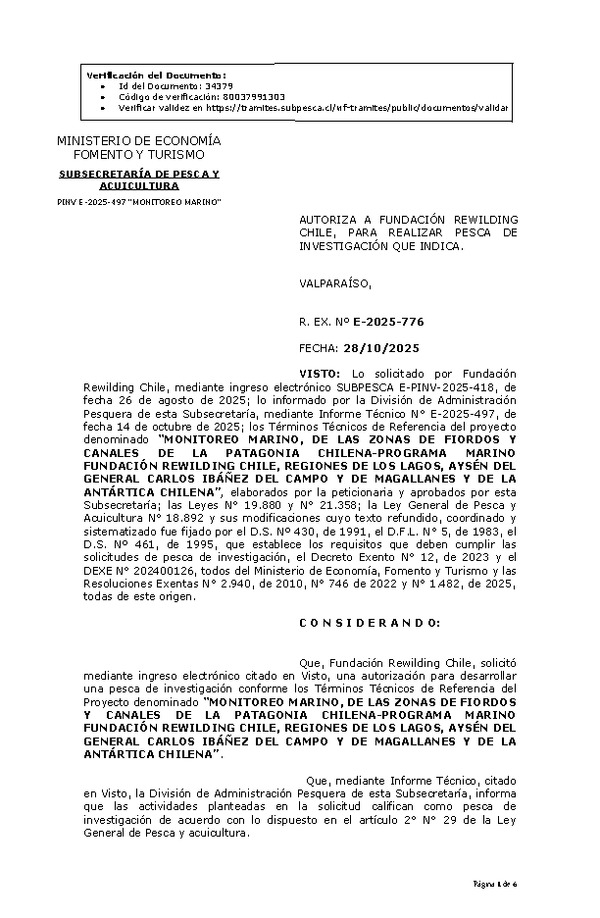 R. EX. Nº E-2025-776 AUTORIZA A FUNDACIÓN REWILDING CHILE, PARA REALIZAR PESCA DE INVESTIGACIÓN QUE INDICA. (Publicado en Página Web 30-10-2025)