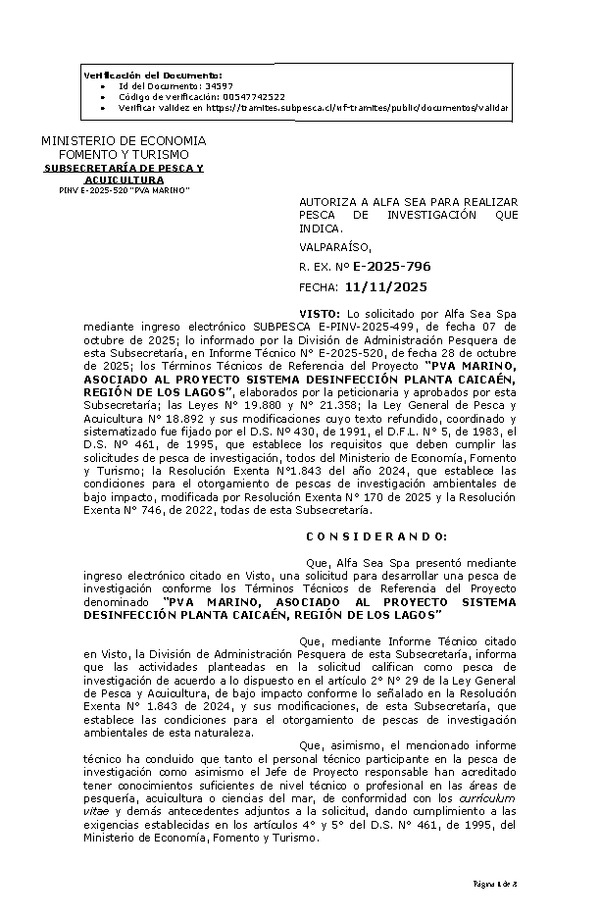 R. EX. Nº E-2025-796 AUTORIZA A ALFA SEA PARA REALIZAR PESCA DE INVESTIGACIÓN QUE INDICA. (Publicado en Página Web 12-11-2025)