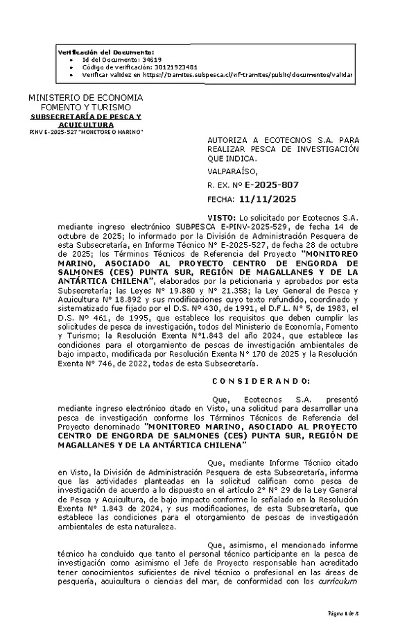 R. EX. Nº E-2025-807 AUTORIZA A ECOTECNOS S.A. PARA REALIZAR PESCA DE INVESTIGACIÓN QUE INDICA. (Publicado en Página Web 12-11-2025)