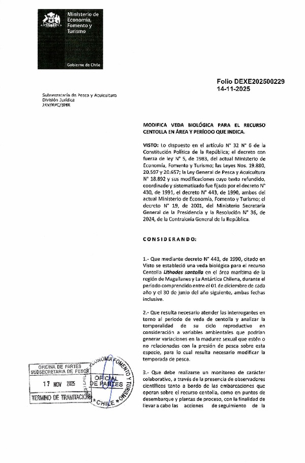 Dec. Ex. Folio N° 202500229 Modifica D.S. N° 443-1990 Veda Biológica Recurso Centolla, Región de Magallanes y La Antártica Chilena. (Publicado en Página Web 18-11-2025)