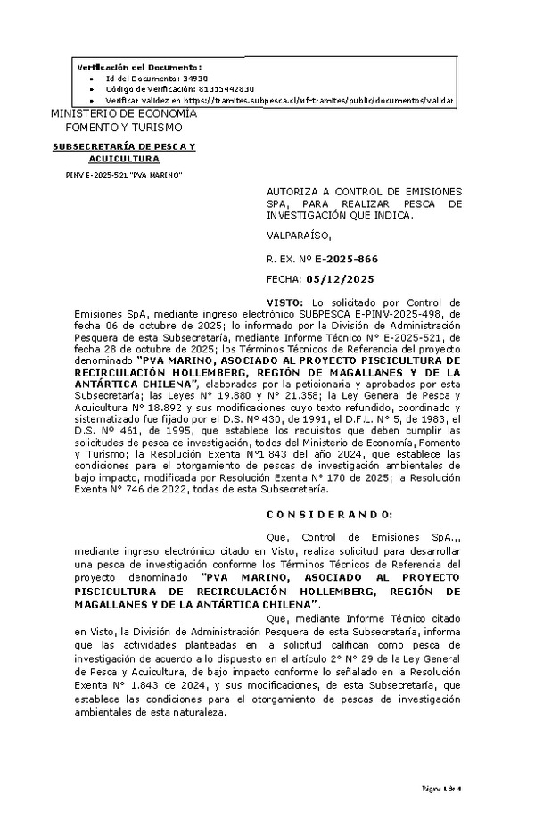R. EX. Nº E-2025-866 AUTORIZA A CONTROL DE EMISIONES SPA, PARA REALIZAR PESCA DE INVESTIGACIÓN QUE INDICA. (Publicado en Página Web 10-12-2025)