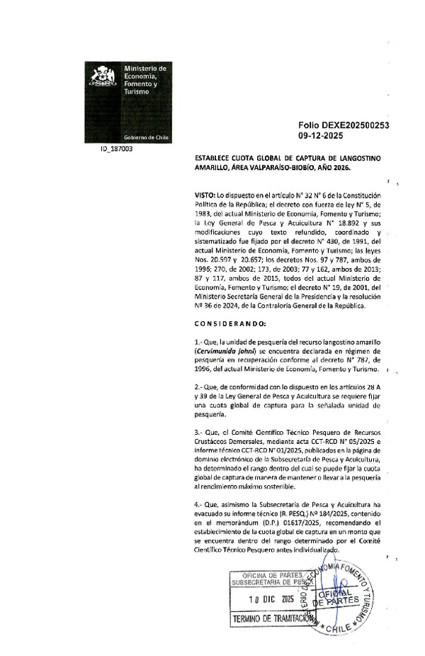 Dec. Ex. Folio 202500253 Establece Cuota Global de Captura de Langostino Amaraillo, Área Valparaíso-Biobío, Año 2026. (Publicado en Página Web 11-12-2025)