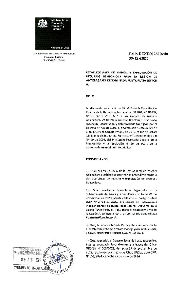 Dec. Ex. Folio 202500249 Establece Área de Manejo y Explotación de Recursos Bentónicos para la Región de Antofagasta Denominada Punta Plata Sector A. (Publicado en Página Web 11-12-2025)