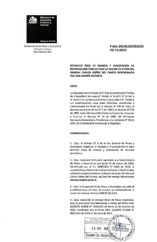 Dec. Ex. Folio 202500250 Establece Área de Manejo y Explotación de Recursos Bentónicos para la Región de Aysén del General Carlos Ibáñez del Campo Denominada Isla San Andrés Sector B. (Publicado en Página Web 11-12-2025)