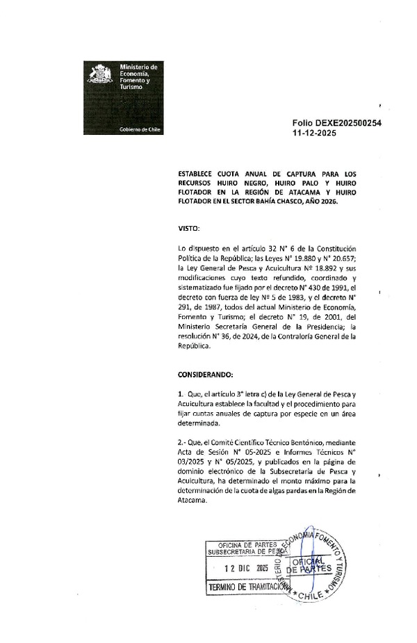 Dec. Ex. Folio 202500254 Establece Cuota Anual de Captura para los Recursos Huiro negro, Huiro palo y Huiro Flotador en la Región de Atacama y Huiro Flotador en el Sector Bahía Chasco, año 2026. (Publicado en Página Web 15-12-2025)