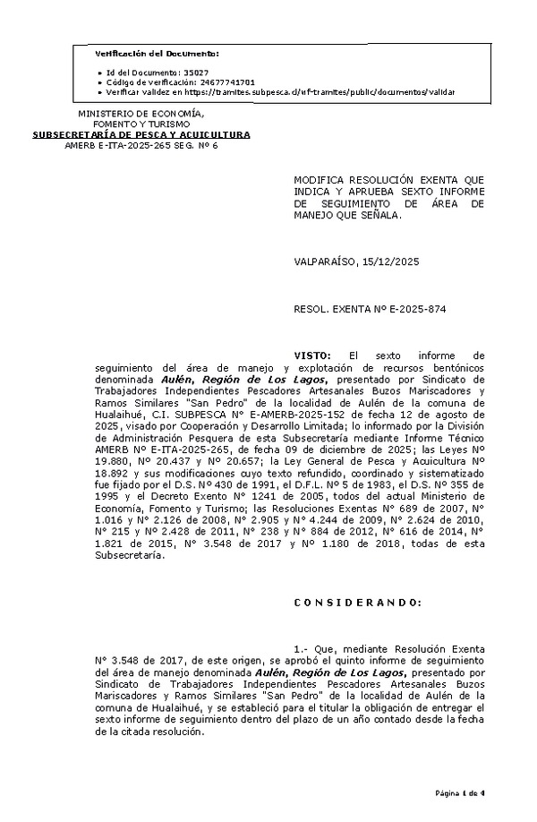 RESOL. EXENTA Nº E-2025-874 Modifica resolución que indica, aprueba sexto informe de seguimiento. (Publicado en Página Web 17-12-2025)
