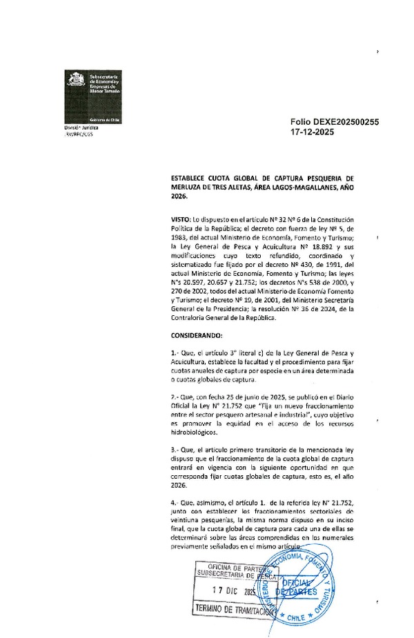 Dec. Ex. Folio 202500255 Establece Cuota Global de Captura Pesquería de Merluza de Tres Aletas Área Los Lagos - Magallanes, Año 2026. (Publicado en Página Web 18-12-2025)