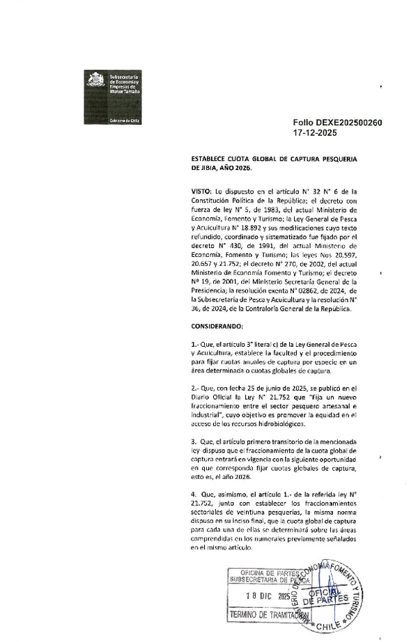Dec. Ex. Folio 202500260 Establece Cuota Anual de Captura Para el Recurso Jibia, Año 2026. (Publicado en Página Web 18-12-2025)