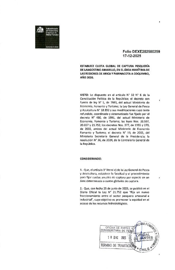 Dec. Ex. Folio 202500259 Establece Cuota Global de Captura Pesquería de Langostino Amarillo, en el área Marítima de las Regiones de Arica y Parinacota a Coquimbo, Año 2026. (Publicado en Página Web 18-12-2025)