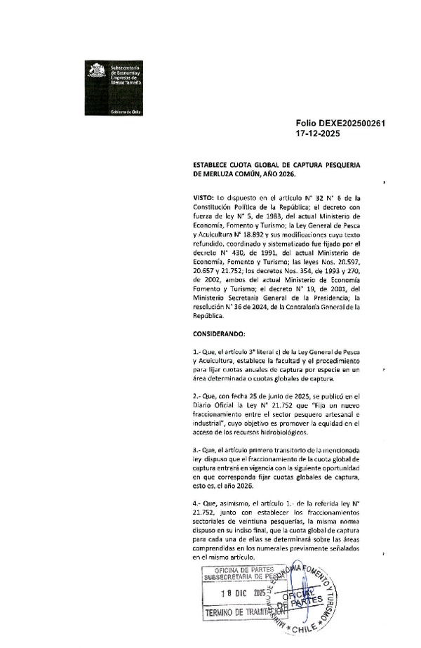 Dec. Ex. Folio 202500261 Establece Cuota Global de Captura Pesquería de Merluza Común, Año 2026. (Publicado en Página Web 18-12-2025)