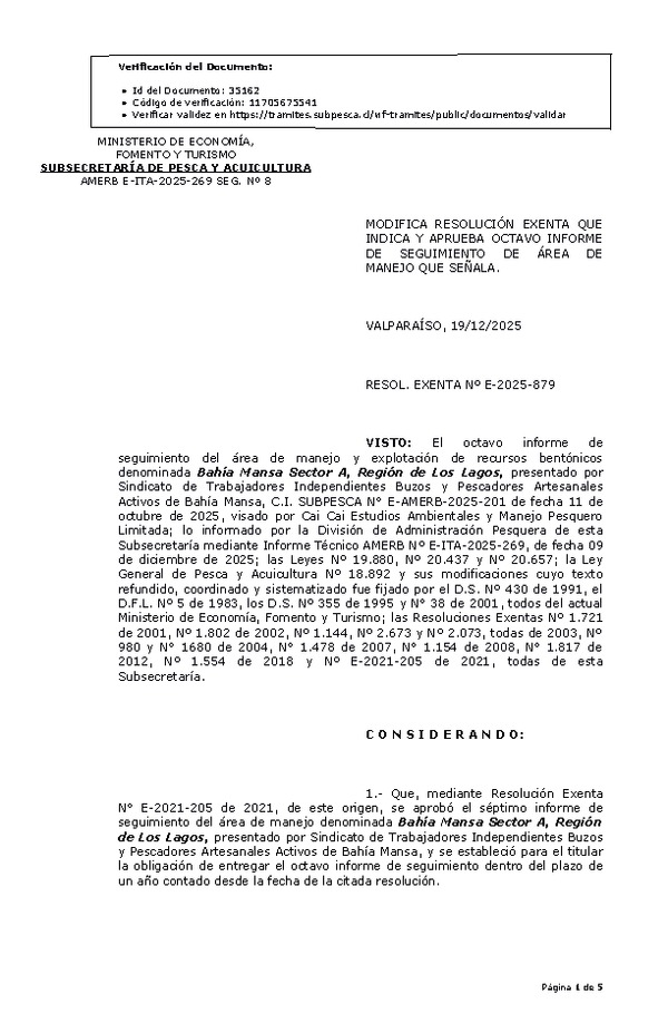 RESOL. EXENTA Nº E-2025-879 Modifica resolución que indica y aprueba octavo informe de seguimiento. (Publicado en Página Web 22-12-2025)