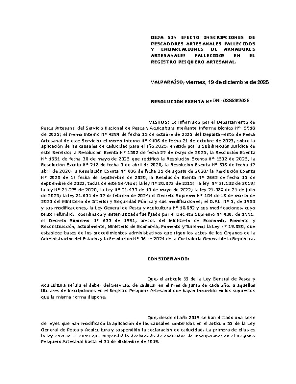 Resolución Exenta N° DN-03859/2025 Deja sin Efecto Inscripciones de Pescadores Artesanales Fallecidos y Embarcaciones de Armadores Artesanales Fallecidos en el Registro Pesquero Artesanal. (Publicado en Página Web 29-12-2025)