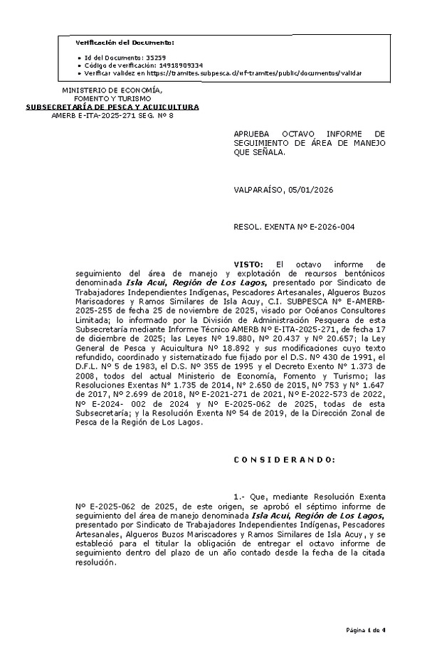 RESOL. EXENTA Nº E-2026-004 Aprueba octavo informe de seguimiento. (Publicado en Página Web 06-01-2026)