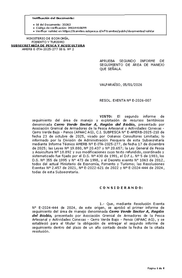 RESOL. EXENTA Nº E-2026-007 Aprueba segundo informe de seguimiento. (Publicado en Página Web 08-01-2026)