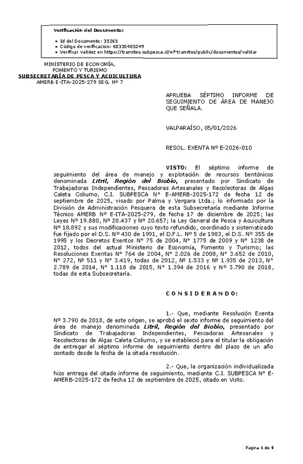 RESOL. EXENTA Nº E-2026-010 Aprueba séptimo informe de seguimiento. (Publicado en Página Web 08-01-2026)